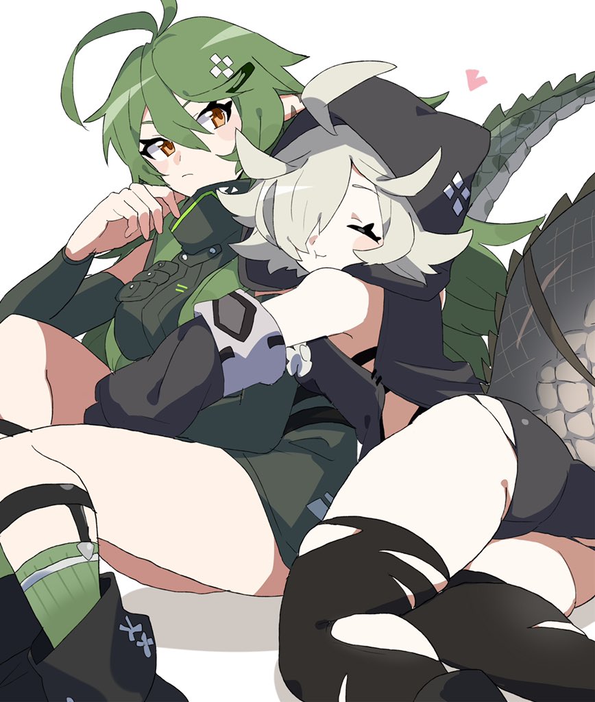 2girls :t ahoge antenna_hair arknights black_dress blush closed_eyes crocodilian_tail detached_sleeves dress feet_out_of_frame gavial_(arknights) green_dress green_hair green_legwear grey_hair heart hood hood_up hug multiple_girls pointy_ears short_hair simple_background sitting socks tail thigh-highs tomimi_(arknights) torn_clothes torn_legwear vegetable_osamuta white_background yellow_eyes yuri