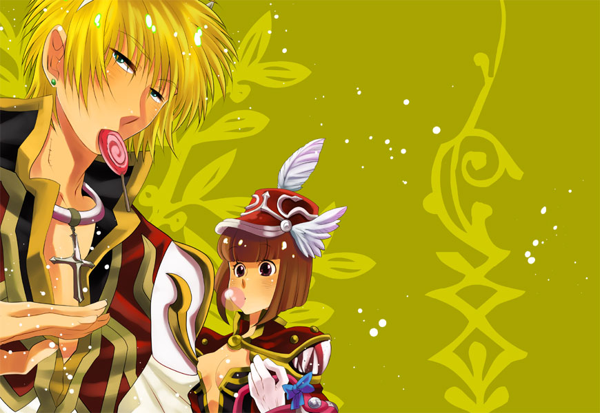 1boy 1girl bangs black_coat blonde_hair blush bob_cut brown_dress brown_eyes brown_hair bubble_blowing candy cape chewing_gum coat commentary_request creator_(ragnarok_online) cross cross_necklace dress ear_piercing eyebrows_visible_through_hair eyes_visible_through_hair food gloves green_eyes hair_between_eyes hat high_priest_(ragnarok_online) jewelry layered_clothing living_clothes lollipop looking_to_the_side necklace open_mouth otsuki_(tm3n) piercing plume ragnarok_online red_cape shako_cap short_hair strapless strapless_dress teeth upper_body white_coat white_gloves winged_hat