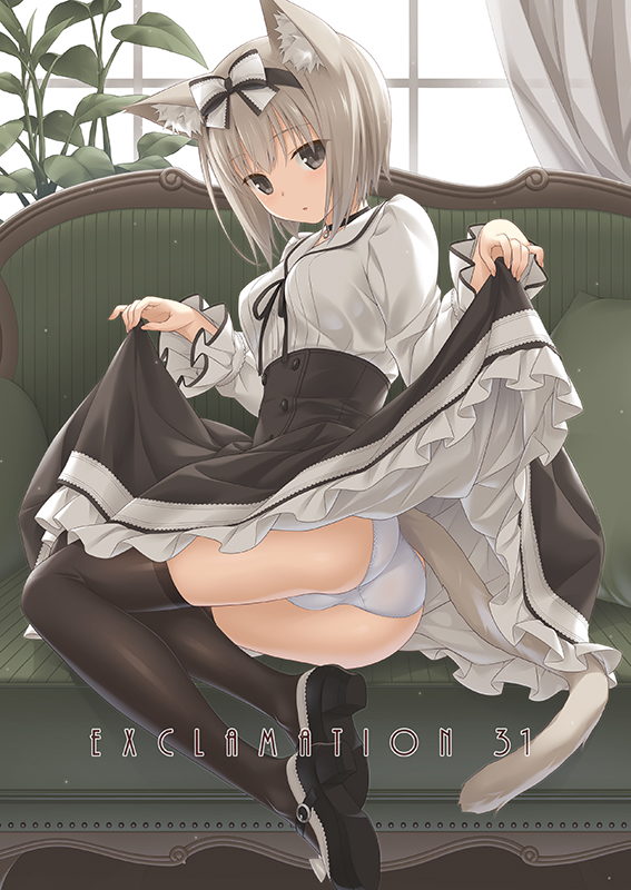 1girl animal_ear_fluff animal_ears black_footwear black_legwear black_ribbon bow buttons cat_ears cat_tail clothes_lift couch curtains frilled_skirt frilled_sleeves frills full_body grey_eyes grey_hair hairband hashimoto_takashi leaf original panties pillow plant ribbon short_hair sitting skirt skirt_lift solo tail thigh-highs underwear white_panties window