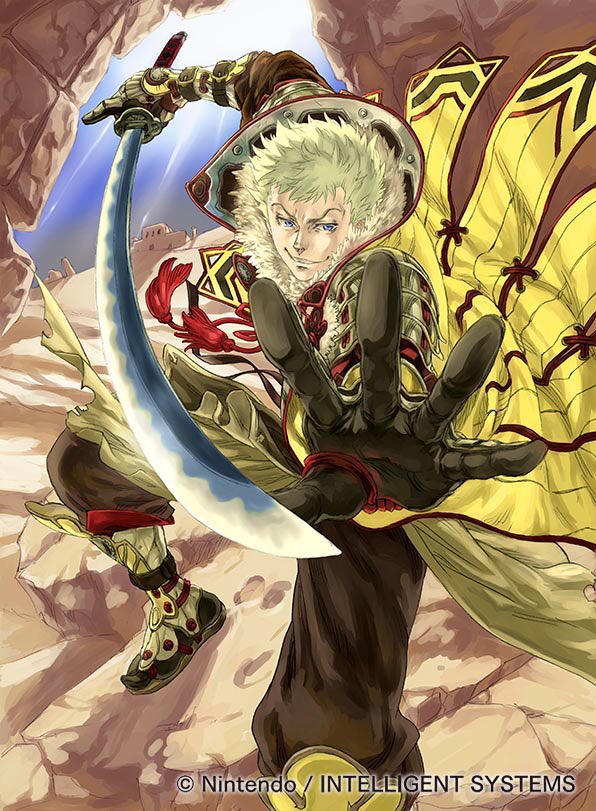 1boy armor belt blonde_hair blue_eyes debris fire_emblem fire_emblem_awakening fire_emblem_cipher gloves holding holding_sword holding_weapon owain_(fire_emblem) short_sleeves suzuki_rika sword weapon