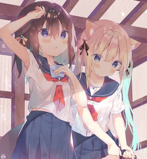 2girls :o animal_ear_fluff animal_ears arm_up bangs blonde_hair blue_eyes blue_hair blue_sailor_collar blue_skirt blush brown_hair closed_mouth commentary_request eyebrows_visible_through_hair hair_between_eyes handkerchief holding long_hair multiple_girls neckerchief one_side_up original parted_lips pleated_skirt red_neckwear sailor_collar school_uniform serafuku shirt short_sleeves skirt standing twintails very_long_hair violet_eyes wet wet_clothes wet_shirt wet_skirt white_shirt wringing_clothes wringing_skirt yuizaki_kazuya