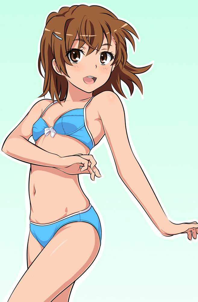 1girl bikini blue_bikini breasts cowboy_shot green_background looking_at_viewer misaka_mikoto monousa navel open_mouth round_teeth simple_background small_breasts smile solo swimsuit teeth toaru_kagaku_no_railgun toaru_majutsu_no_index upper_teeth