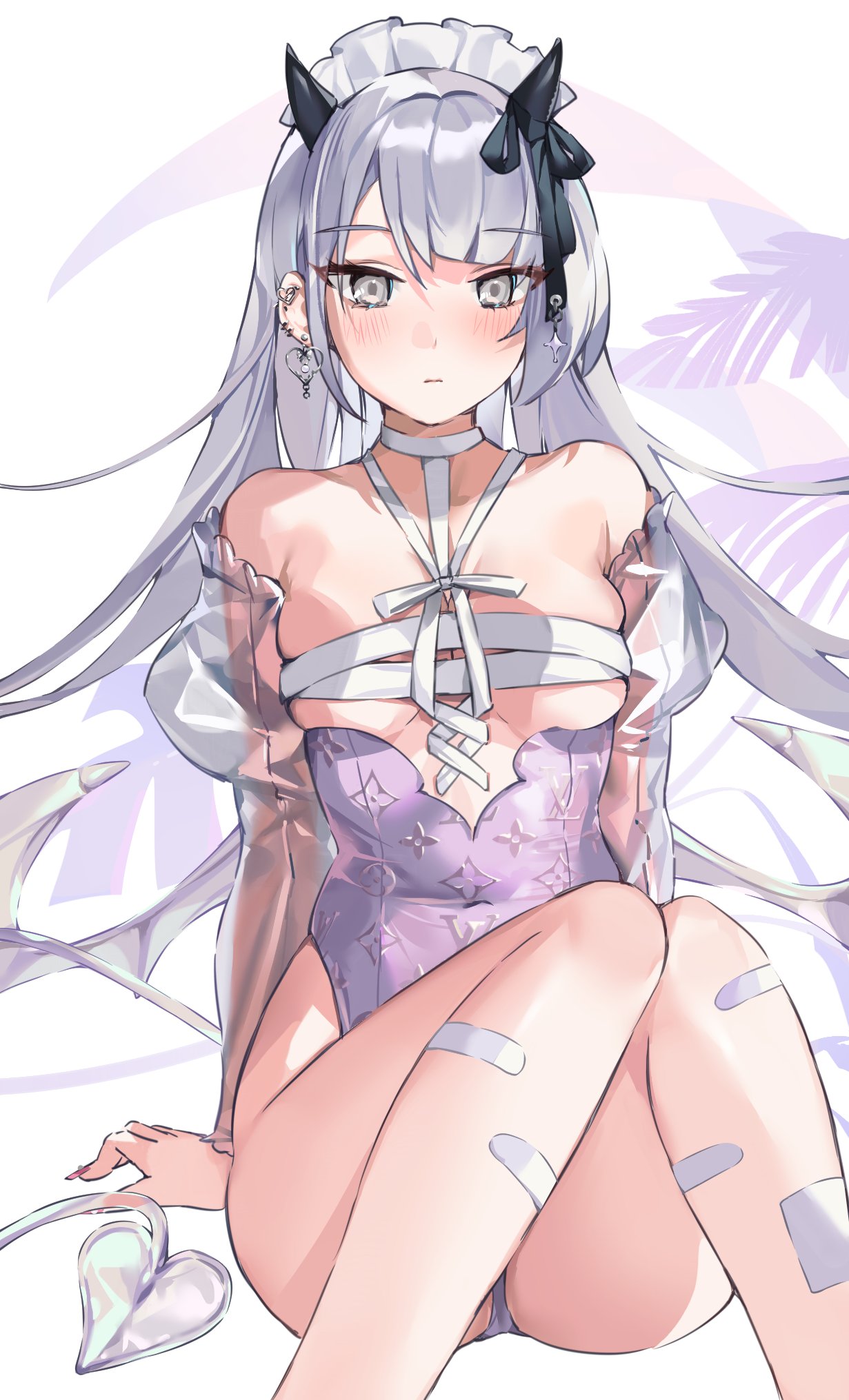 1girl bandaid bare_shoulders breasts covered_navel demon_horns demon_tail demon_wings detached_sleeves earrings grey_eyes hair_ribbon headdress highleg highleg_leotard highres horns jewelry juliet_sleeves leotard long_hair long_sleeves looking_at_viewer medium_breasts onew original puffy_sleeves purple_leotard ribbon see-through_sleeves skindentation solo strap tail thighs wings