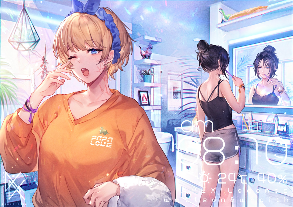 2girls apex_legends bangs bare_legs black_hair blonde_hair blue_eyes blue_headwear closed_mouth hanging_plant lichtenberg_figure long_sleeves md5_mismatch mirror mizutama_(mao11260510) multiple_girls nessie_(respawn) one_eye_closed orange_shirt plant potted_plant resolution_mismatch shirt shorts sink source_larger stuffed_toy tank_top toothbrush_in_mouth towel wattson_(apex_legends) wraith_(apex_legends) yawning