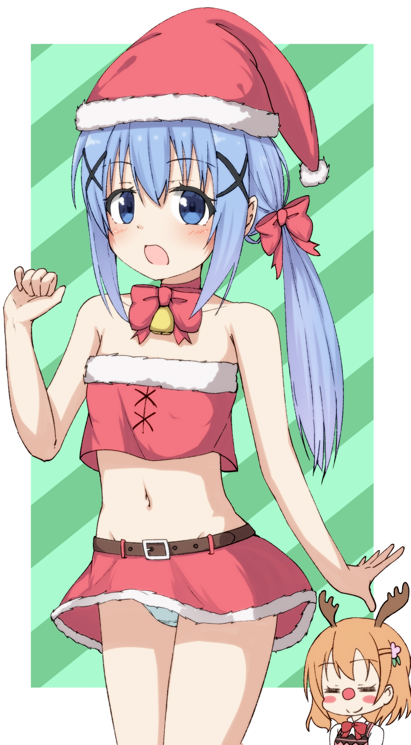 2girls antlers bangs bare_arms bare_shoulders bell blue_eyes blue_hair blush blush_stickers bow brown_hair chibi closed_eyes closed_mouth collarbone collared_shirt crop_top diagonal_stripes eyebrows_visible_through_hair fur-trimmed_headwear fur-trimmed_skirt fur_trim gochuumon_wa_usagi_desu_ka? hair_between_eyes hair_bow hair_ornament hat highres hippo_(hirople) hoto_cocoa jingle_bell kafuu_chino long_hair low_ponytail midriff multiple_girls navel open_mouth panties pink_vest rabbit_house_uniform red_bow red_headwear red_nose red_skirt reindeer_antlers santa_costume santa_hat shirt side_ponytail skirt smile solo_focus striped striped_background underwear uniform vest waitress white_panties white_shirt x_hair_ornament