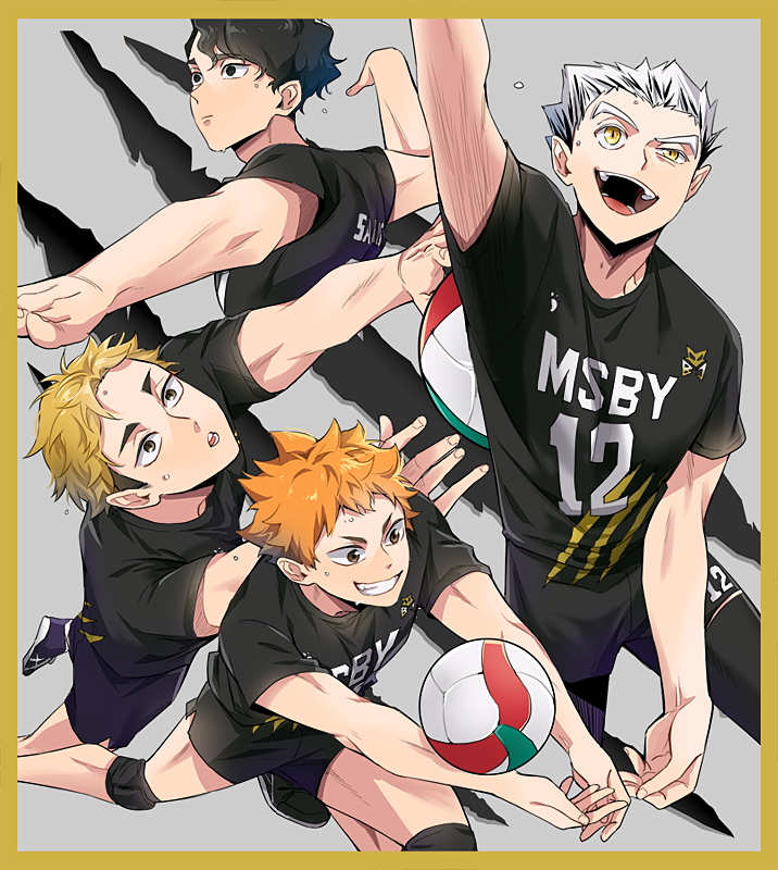 4boys arm_up arms_up ball black_hair black_legwear blonde_hair bokuto_koutarou border closed_mouth grey_hair grin haikyuu!! hinata_shouyou knee_pads looking_away male_focus miya_atsumu multicolored_hair multiple_boys neamvi open_mouth orange_hair sakusa_kiyoomi shirt shoes short_hair shorts smile sneakers sportswear sweat teeth two-tone_hair volleyball volleyball_uniform yellow_border yellow_eyes