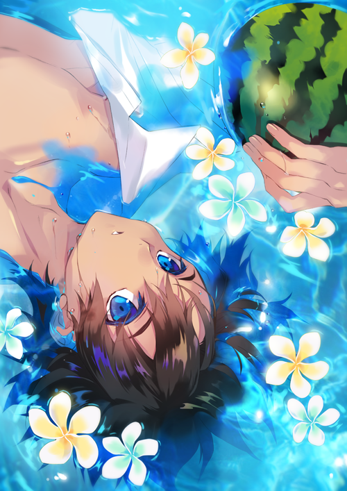 1boy blue_eyes collarbone dark_skin eyebrows_visible_through_hair flower food fruit holding holding_food holding_fruit looking_at_viewer male_focus mimizuku_auru original parted_lips partially_submerged short_hair solo water water_drop watermelon