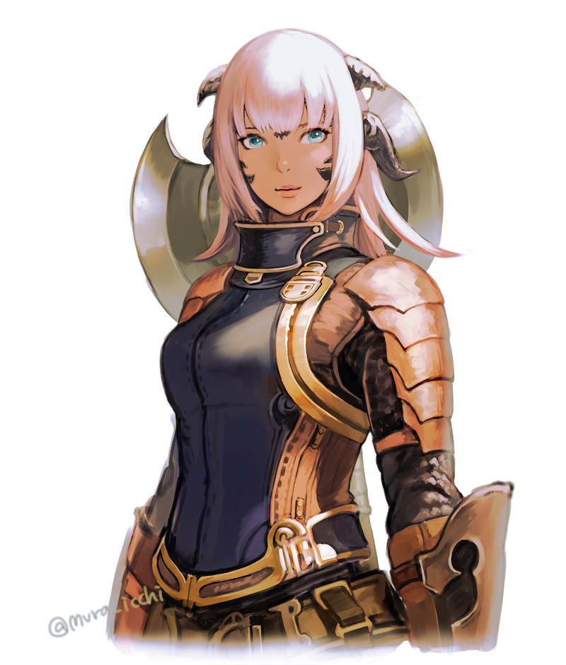 1girl armor au_ra axe bangs battle_axe blue_eyes breasts cropped_torso dragon_horns final_fantasy final_fantasy_xiv horns long_hair looking_at_viewer medium_breasts muraicchi_(momocchi) pink_hair scales shoulder_armor solo weapon white_background