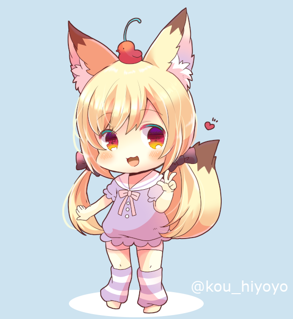 1girl :3 :d animal_ear_fluff animal_ears bangs barefoot black_bow blonde_hair blue_background blush bow chibi commentary_request copyright_request eyebrows_visible_through_hair fox_ears fox_girl fox_tail full_body hair_between_eyes hair_bow hand_up heart kouu_hiyoyo leg_warmers long_hair looking_at_viewer low_twintails open_mouth pink_shorts puffy_short_sleeves puffy_sleeves purple_shirt red_eyes sailor_collar shirt short_shorts short_sleeves shorts smile solo standing striped striped_legwear tail tail_raised twintails twitter_username very_long_hair w white_sailor_collar