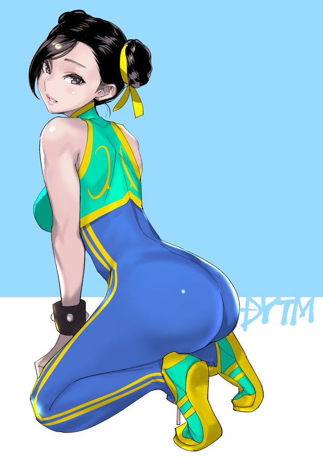 1girl ass ass_focus bare_shoulders black_hair bodystocking bodysuit bracer chun-li chun-li_(cosplay) cosplay double_bun dytm from_behind halter_top halterneck kneeling looking_at_viewer looking_back naughty_face seductive_smile skin_tight skindentation smile solo street_fighter