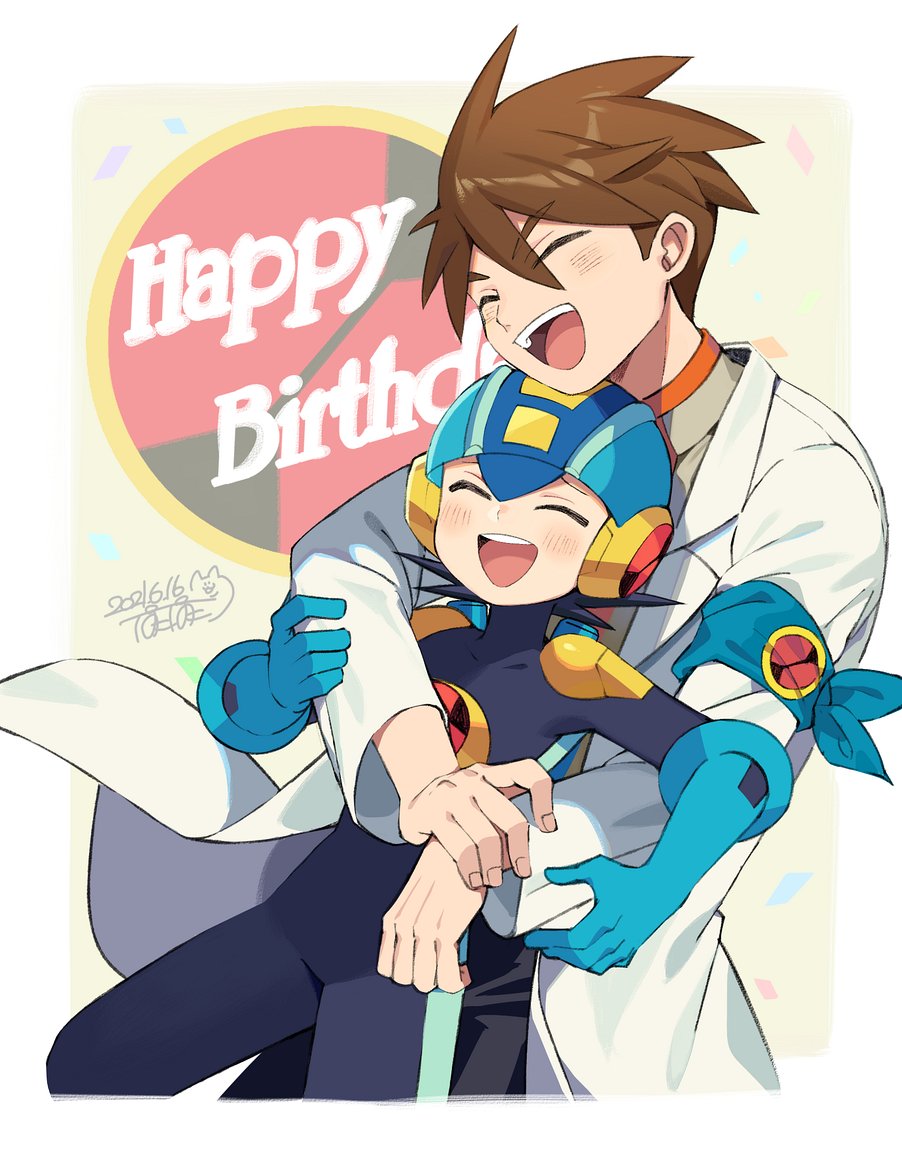 2boys :d ^_^ alternate_costume armband bangs black_bodysuit black_pants blue_armband blue_headwear blush bodysuit border brown_hair brown_shirt closed_eyes commentary_request confetti dated english_text eyebrows_visible_through_hair fingernails hair_between_eyes happy happy_birthday helmet hug hug_from_behind iroyopon labcoat lan_hikari_(mega_man) long_sleeves male_focus mega_man_(series) mega_man_battle_network megaman.exe multiple_boys open_mouth pants shirt short_hair signature smile upper_teeth white_border