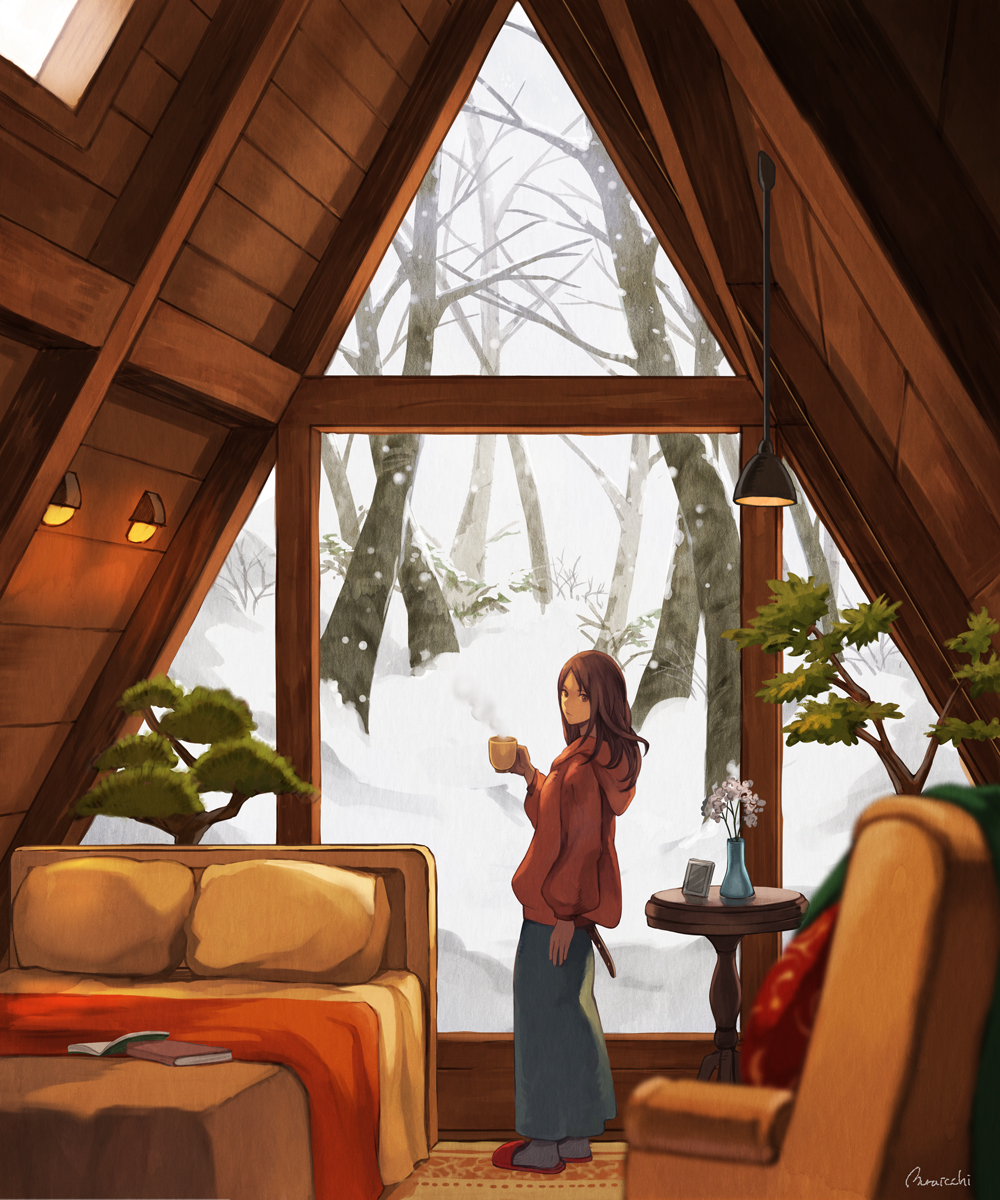 1girl bed blurry blurry_foreground book cup forest highres holding holding_cup hood hood_down hoodie indoors long_skirt looking_at_viewer mug muraicchi_(momocchi) nature open_book original profile skirt snow snowing solo standing vase window