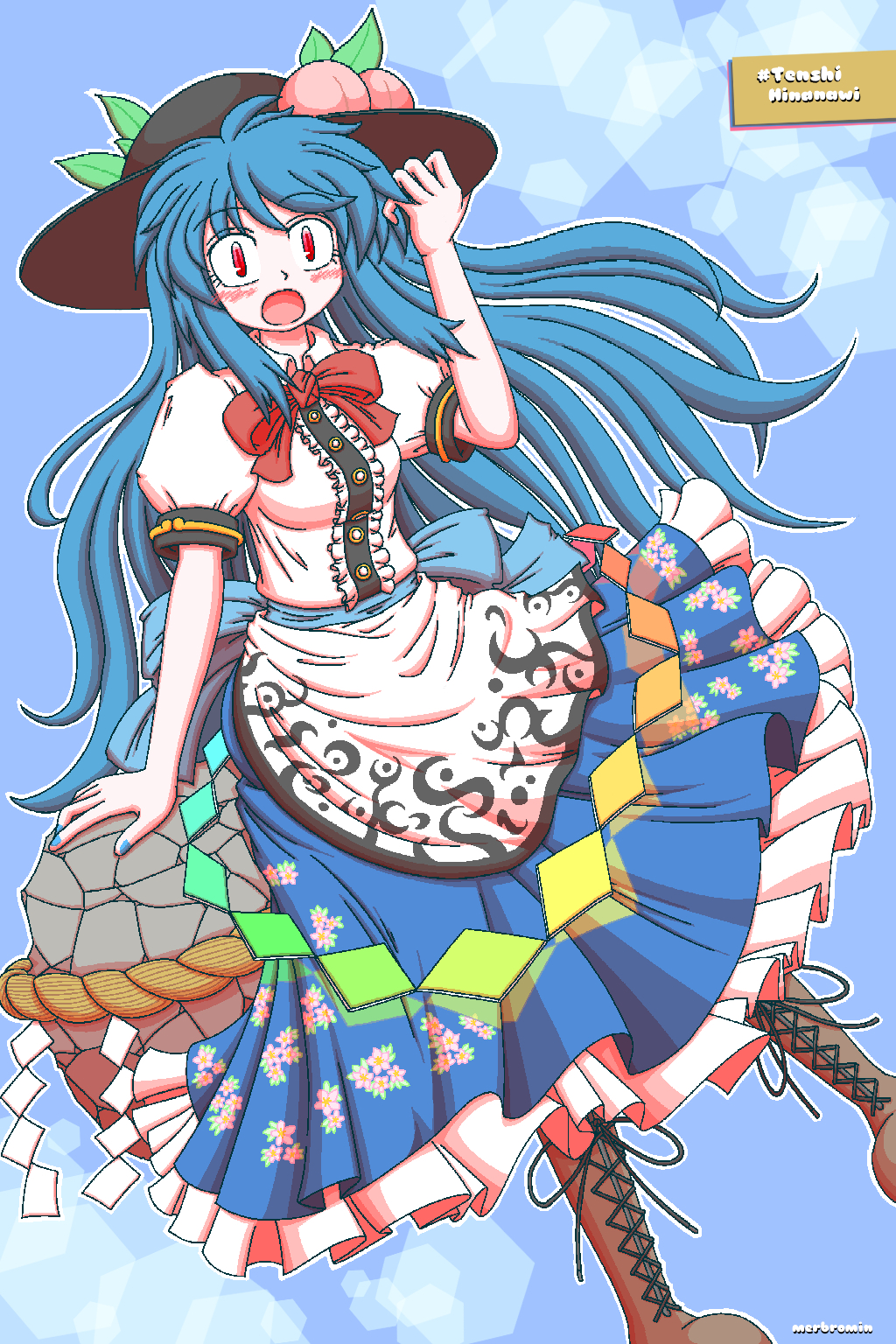 1girl :o bangs black_headwear blouse blue_background blue_hair blue_nails blue_skirt boots bow bowtie brown_footwear celestial center_frills character_name cross-laced_footwear eyebrows_visible_through_hair frilled_skirt frills hat highres hinanawi_tenshi keystone long_hair long_skirt looking_at_viewer merbromin open_mouth puffy_short_sleeves puffy_sleeves red_bow red_eyes red_neckwear rope shide shimenawa short_sleeves skirt solo touhou white_blouse