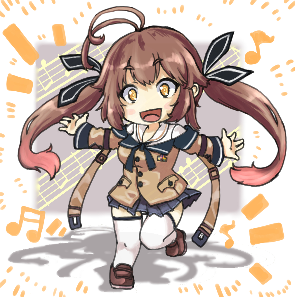 1girl antenna_hair blush blush_stickers brown_footwear brown_hair chibi girls_frontline loafers long_hair m14_(girls_frontline) multicolored_hair musical_note outstretched_arms rata_(rata19841009) shadow shoes smile solo standing standing_on_one_leg streaked_hair thigh-highs thighs twintails white_legwear yellow_eyes