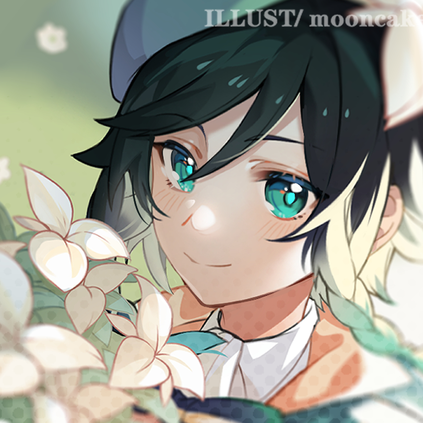 1boy androgynous bangs beret black_hair blue_hair blurry blurry_background blush braid cape closed_mouth commentary_request english_text eyebrows_visible_through_hair flower genshin_impact gradient_hair green_eyes green_headwear hat hat_flower kokyuu_(youxiangzhou) looking_at_viewer male_focus multicolored_hair shirt short_hair_with_long_locks simple_background smile solo twin_braids venti_(genshin_impact) white_flower white_shirt