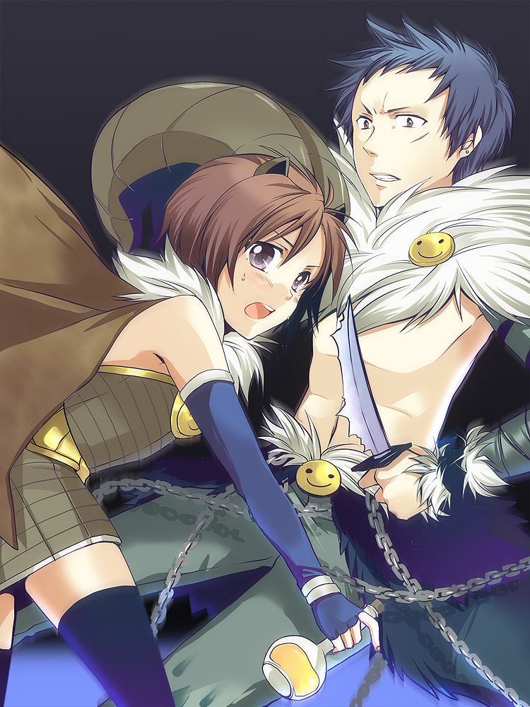 1boy 1girl alchemist_(ragnarok_online) animal_ears bangs blue_gloves blue_hair blush brown_cape brown_dress brown_hair cape clenched_teeth commentary_request dagger dress elbow_gloves feet_out_of_frame fingerless_gloves flask fur_collar gloves gradient gradient_background grey_cape grey_pants hair_between_eyes holding holding_dagger holding_weapon horns knife looking_at_viewer open_mouth pants purple_background ragnarok_online sasai_saki shadow_chaser_(ragnarok_online) short_dress short_hair shrug_(clothing) smiley_face strapless strapless_dress teeth violet_eyes waist_cape weapon