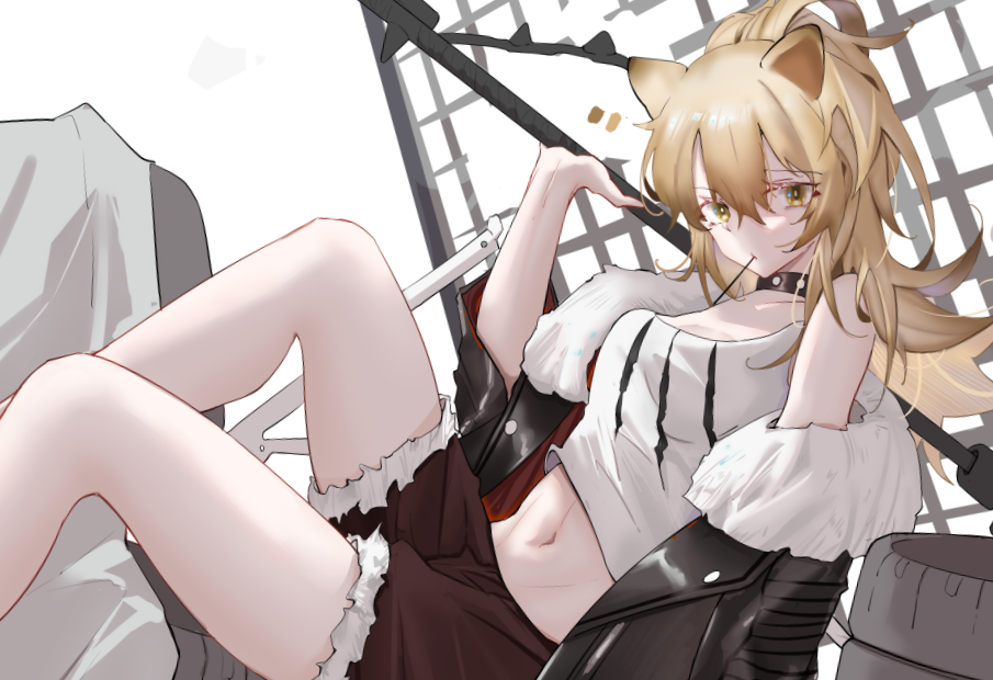 1girl animal animal_ears arknights bare_legs black_jacket blonde_hair breasts candy commentary_request feet_out_of_frame food from_side fur_trim hammer holding ifi_(1158029887) jacket jacket_on_shoulders knees_up lion_ears lollipop medium_breasts midriff mouth_hold navel off_shoulder ponytail red_shorts shirt short_shorts shorts siege_(arknights) simple_background sitting solo thighs weapon white_background