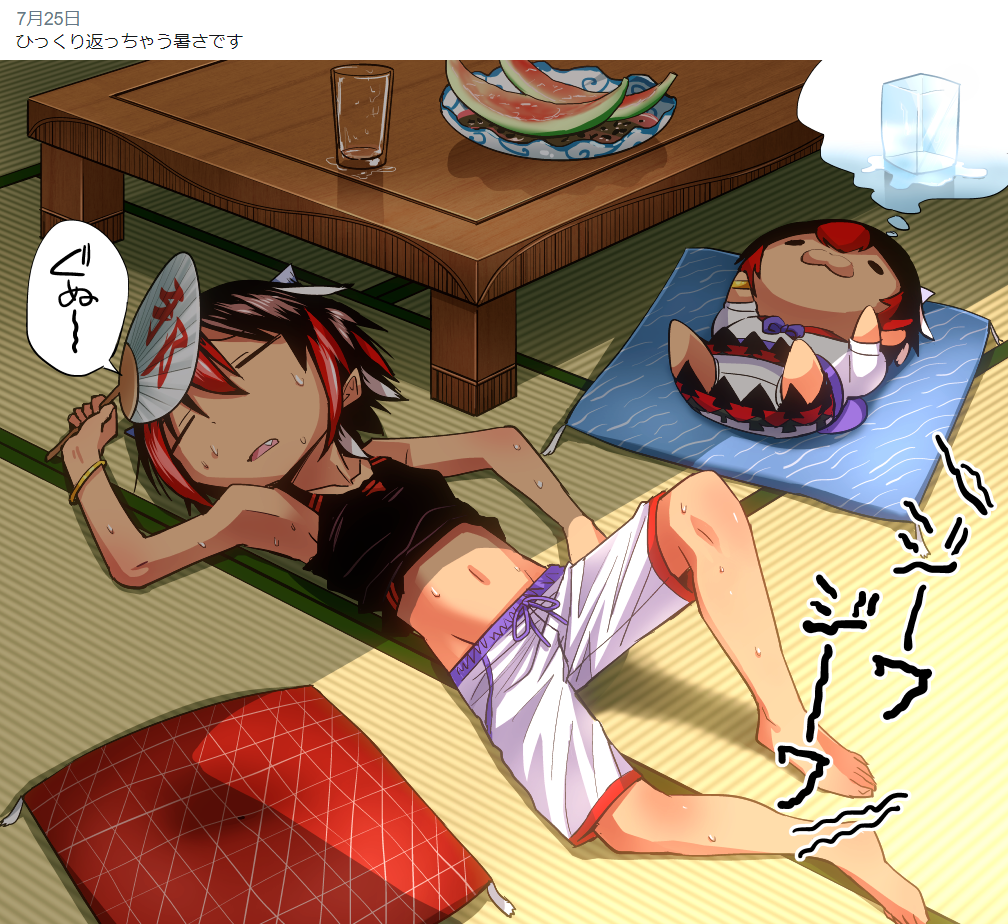 2girls barefoot black_tank_top chibi closed_eyes dual_persona fan food fruit glass heat ice ice_cube imagining indoors kijin_seija lying multiple_girls on_back panties pantyshot paper_fan pillow shimizu_pem shorts sweat tank_top tatami tired touhou underwear watermelon white_shorts