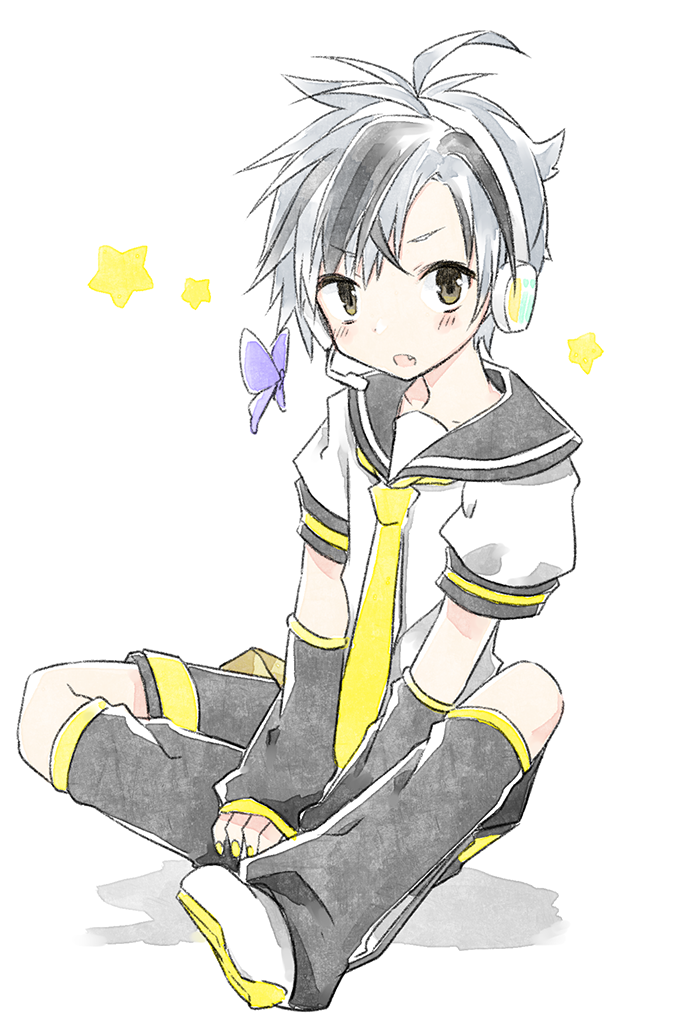 1boy animal black_hair black_legwear black_sailor_collar black_shorts blush brown_eyes bug butterfly cosplay fang full_body grey_hair headphones headset insect kagamine_len kagamine_len_(cosplay) kamiyoshi_rika kneehighs looking_at_viewer loose_socks male_focus multicolored_hair nail_polish necktie nijisanji open_mouth puffy_short_sleeves puffy_sleeves sailor_collar school_uniform serafuku shadow shirt shoes short_sleeves shorts sitting solo streaked_hair suzuki_masaru virtual_youtuber vocaloid white_background white_footwear white_shirt yellow_nails yellow_neckwear