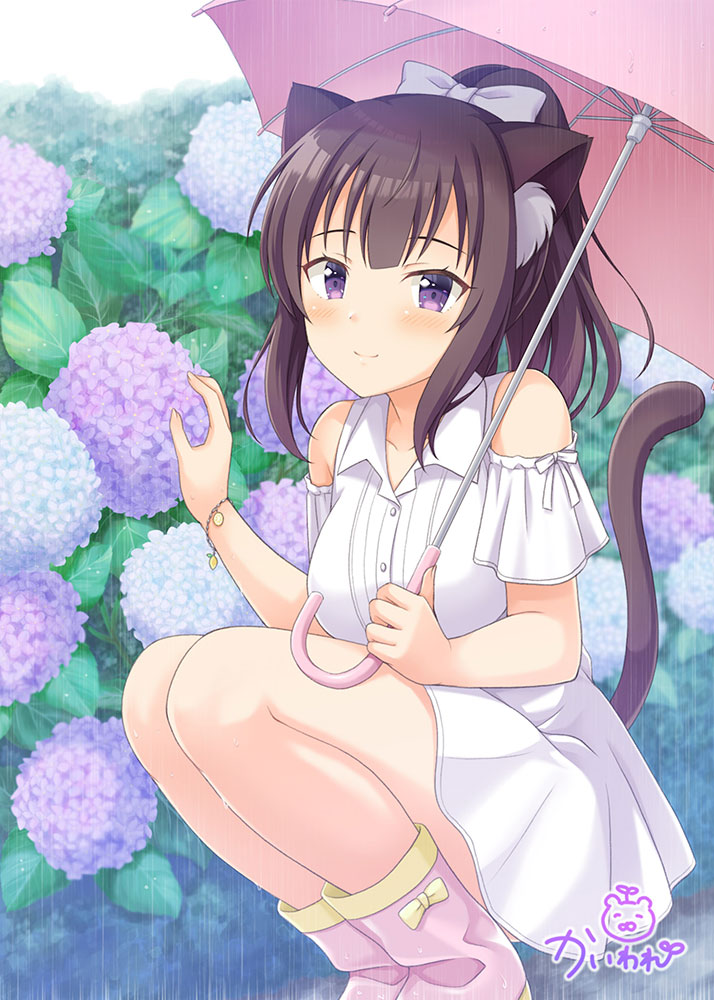 1girl animal_ear_fluff animal_ears bangs bare_shoulders black_hair blue_flower blush boots bow breasts cat_ears cat_girl cat_tail closed_mouth clothing_cutout collarbone collared_shirt commentary_request dress_shirt eyebrows_visible_through_hair feet_out_of_frame flower hair_bow holding holding_umbrella hydrangea kaiware-san long_hair looking_at_viewer medium_breasts original pink_footwear pink_umbrella pleated_skirt ponytail purple_flower shirt shoulder_cutout signature skirt smile solo squatting tail tail_raised umbrella violet_eyes white_bow white_shirt white_skirt yellow_bow