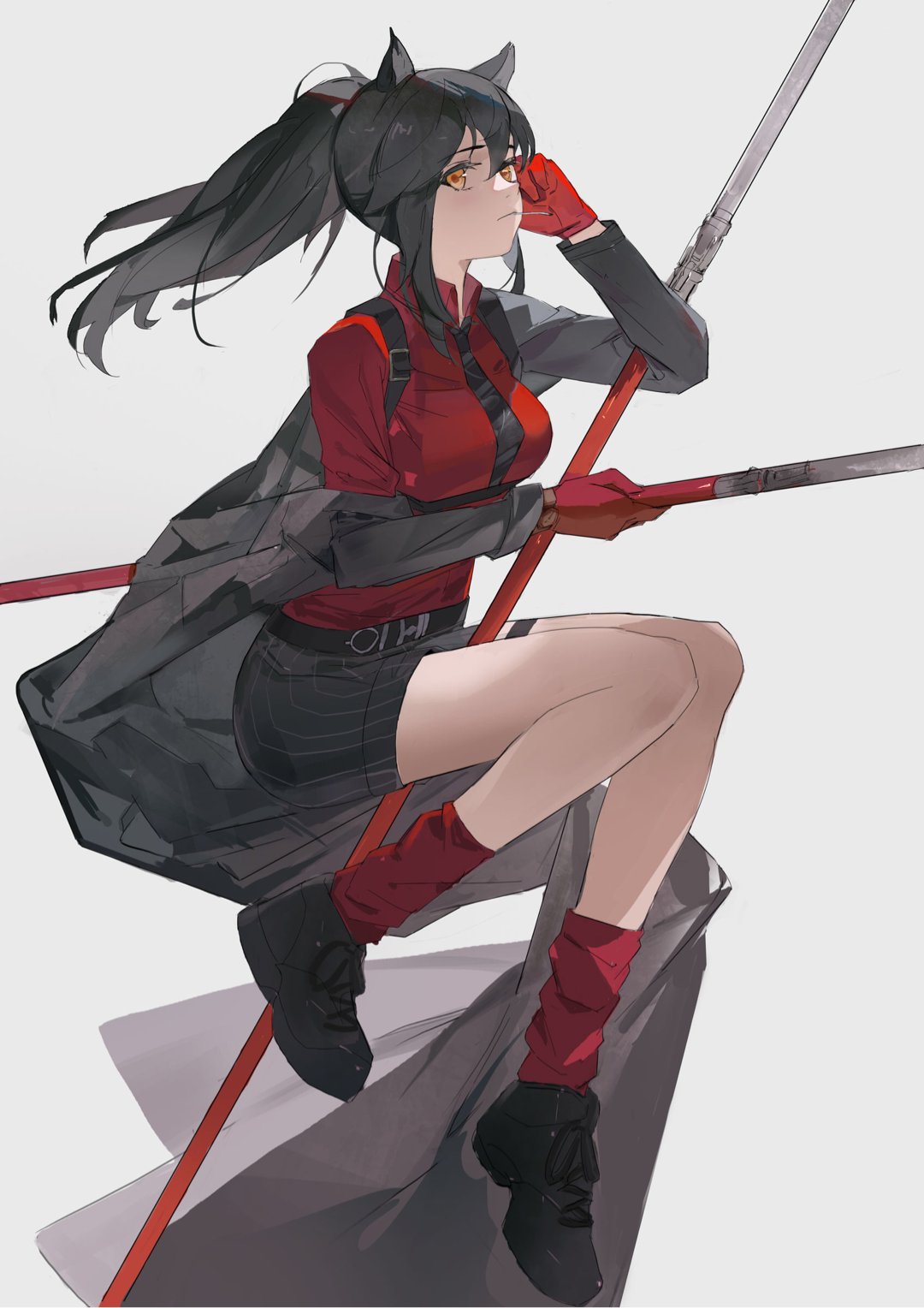 1girl animal_ears arknights bare_legs belt black_belt black_footwear black_hair black_jacket black_neckwear black_shorts breasts dual_wielding full_body grey_background highres holding holding_sword holding_weapon jacket long_hair long_sleeves looking_at_viewer medium_breasts mouth_hold necktie off_shoulder official_alternate_costume ponytail rabbit_(tukenitian) red_legwear red_shirt shirt shoes shorts simple_background socks solo sword texas_(arknights) texas_(willpower)_(arknights) weapon wolf_ears yellow_eyes