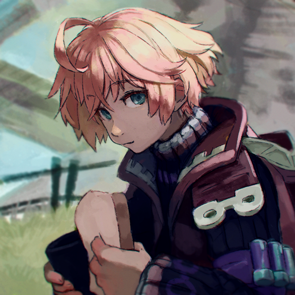 1boy blonde_hair blue_eyes gloves looking_at_viewer male_focus reiesu_(reis) short_hair shulk_(xenoblade) simple_background solo vest weapon xenoblade_chronicles xenoblade_chronicles_(series)