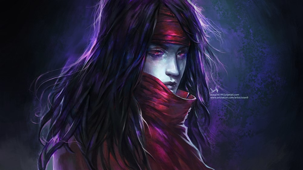 1boy bags_under_eyes black_hair cloak dark_background final_fantasy final_fantasy_vii headband i561992 long_hair messy_hair pale_skin red_eyes soan9 turban vincent_valentine