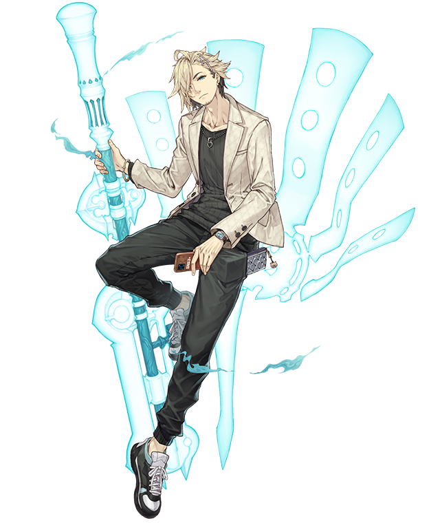 1boy aladdin_(sinoalice) beard blonde_hair blue_eyes bracelet cellphone energy_weapon facial_hair full_body hair_over_one_eye jacket jewelry ji_no looking_at_viewer necklace official_art phone polearm reality_arc_(sinoalice) shoes sinoalice smartphone sneakers solo transparent_background wallet watch watch weapon