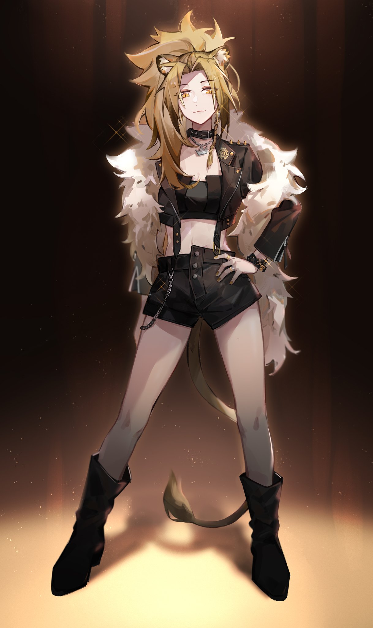 1girl animal_ears arknights black_choker black_footwear black_jacket black_shorts blonde_hair boots brown_eyes choker closed_mouth earrings english_commentary full_body gemi_25 hand_on_hip highres hoop_earrings jacket jewelry lion_ears lion_girl lion_tail long_hair looking_at_viewer nail_polish official_alternate_costume shorts siege_(ambience_synesthesia)_(arknights) siege_(arknights) smile solo sparkle tail yellow_nails