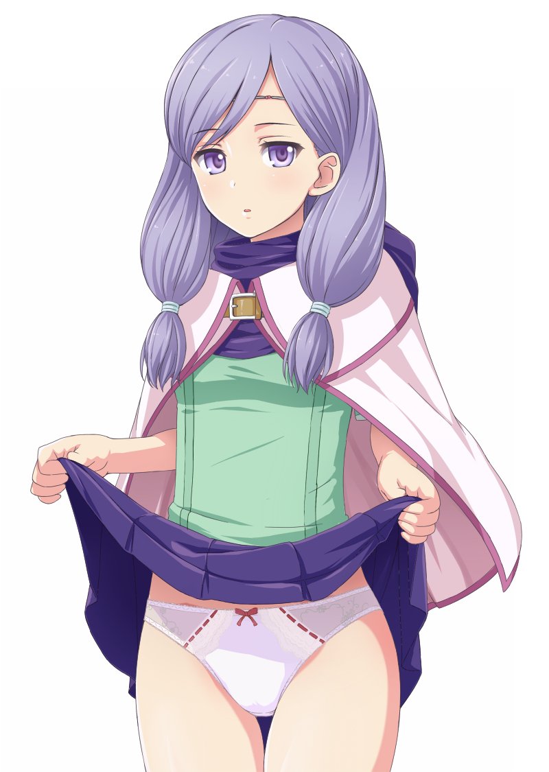 1girl bow bow_panties breasts cape cowboy_shot fire_emblem green_shirt hood hood_down ilyana_(fire_emblem) katou_kaiou looking_at_viewer panties parted_lips pink_cape pleated_skirt purple_hair purple_panties purple_skirt shirt simple_background skirt small_breasts solo thigh_gap twintails underwear violet_eyes white_background