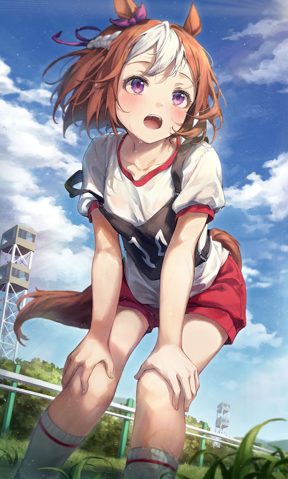 1girl animal_ears blue_sky braid brown_hair clouds day hair_ribbon hands_on_own_knees highres horse_ears horse_girl horse_tail kneehighs looking_away multicolored_hair open_mouth outdoors r_o_ha red_shorts ribbon shirt short_shorts short_sleeves shorts sky solo special_week_(umamusume) sweat tail two-tone_hair umamusume violet_eyes white_legwear white_shirt