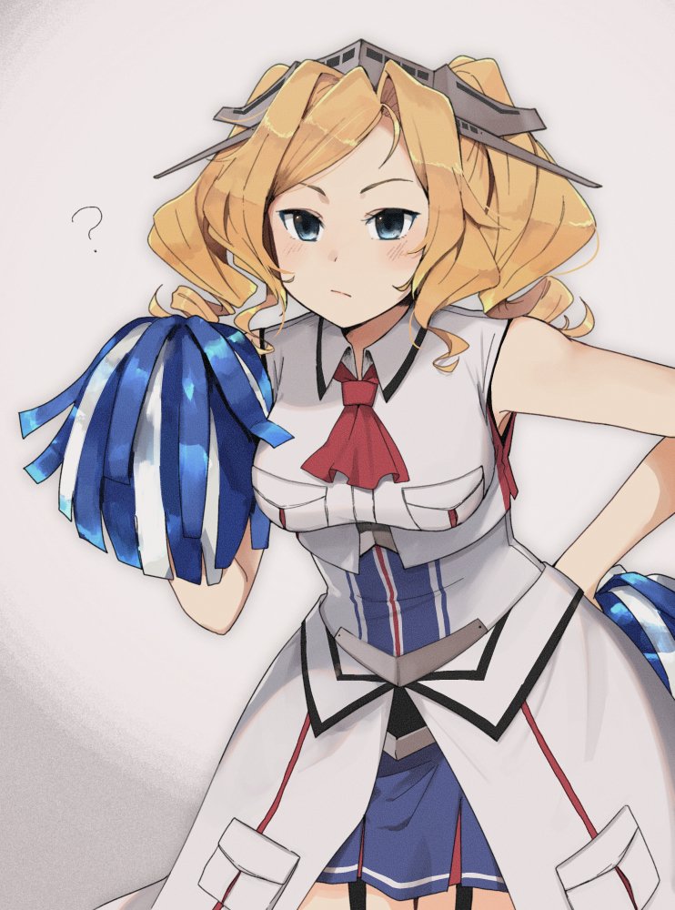 1girl ? annin_musou ascot blonde_hair blue_eyes blue_skirt blush breast_pocket closed_mouth cowboy_shot drill_hair headgear holding holding_pom_poms honolulu_(kancolle) kantai_collection long_hair pocket pom_pom_(cheerleading) red_neckwear skirt sleeveless solo twintails