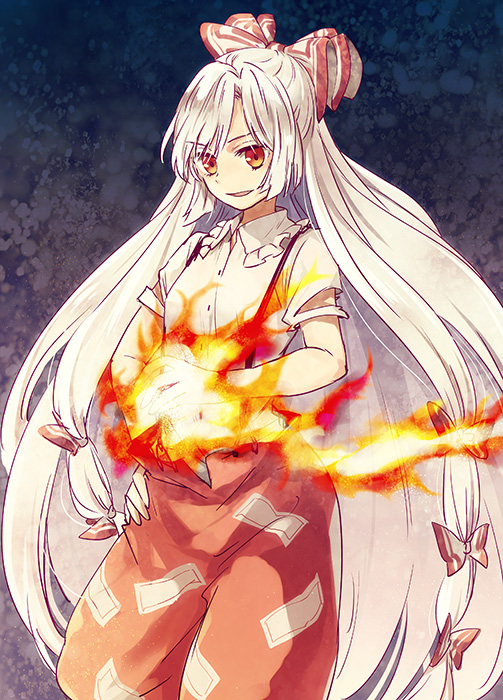 1girl bangs blue_background bow collar eyebrows_visible_through_hair eyes_visible_through_hair fire fujiwara_no_mokou gradient gradient_background hair_bow hand_on_hip hand_up long_hair looking_at_viewer multicolored_bow open_mouth pants purple_background red_bow red_eyes red_pants shirt short_sleeves smile solo standing tomobe_kinuko touhou white_bow white_collar white_hair white_shirt white_sleeves