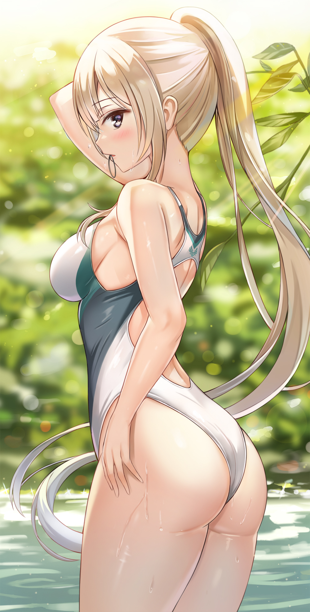 1girl arm_up ass back back_cutout bare_arms bare_shoulders blurry bokeh breasts clothing_cutout competition_swimsuit cowboy_shot depth_of_field from_behind genshin_impact hair_tie_in_mouth highres impossible_clothes impossible_swimsuit jean_gunnhildr kitin long_hair looking_at_viewer medium_breasts mouth_hold one-piece_swimsuit ponytail profile solo standing swimsuit very_long_hair water wet wet_clothes wet_swimsuit