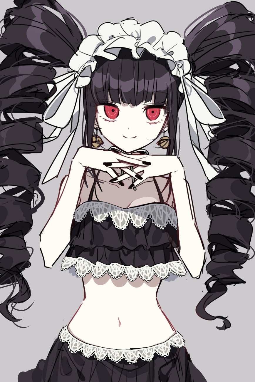1girl 3j_dangan bangs bikini bikini_skirt black_hair black_nails breasts collarbone cowboy_shot drill_hair earrings eyebrows_visible_through_hair frills gothic_lolita grey_background hands_up highres jewelry lace lolita_fashion long_hair looking_at_viewer medium_breasts midriff navel red_eyes simple_background smile solo stomach swimsuit twin_drills twintails