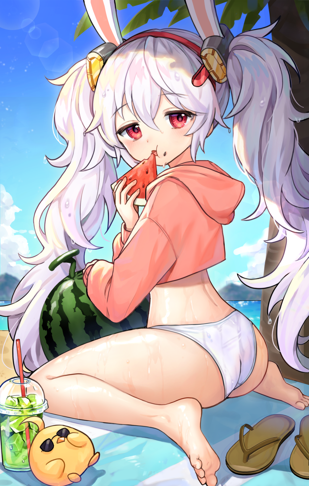 1girl animal_ears ass azur_lane barefoot beach_mat bikini bird chick crop_top crop_top_overhang day fake_animal_ears food from_behind fruit hair_ornament hairband highres hood hood_down hoodie laffey_(azur_lane) lerome long_hair long_sleeves looking_at_viewer looking_back manjuu_(azur_lane) outdoors pink_hoodie popsicle rabbit_ears red_eyes sitting slippers slippers_removed solo sunglasses swimsuit twintails very_long_hair wariza watermelon watermelon_bar white_bikini white_hair