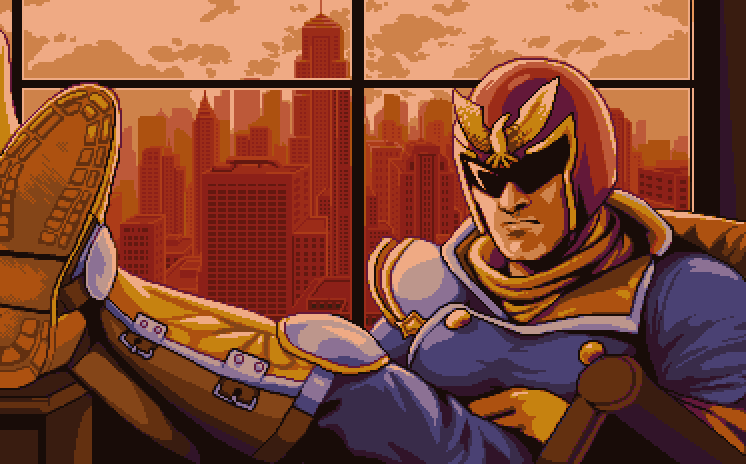 1boy artist_request building captain_falcon chair cityscape dusk f-zero gloves helmet leaning_back male_focus parody pc98 pixel_art policenauts scarf scowl sitting skyscraper solo style_parody visor window