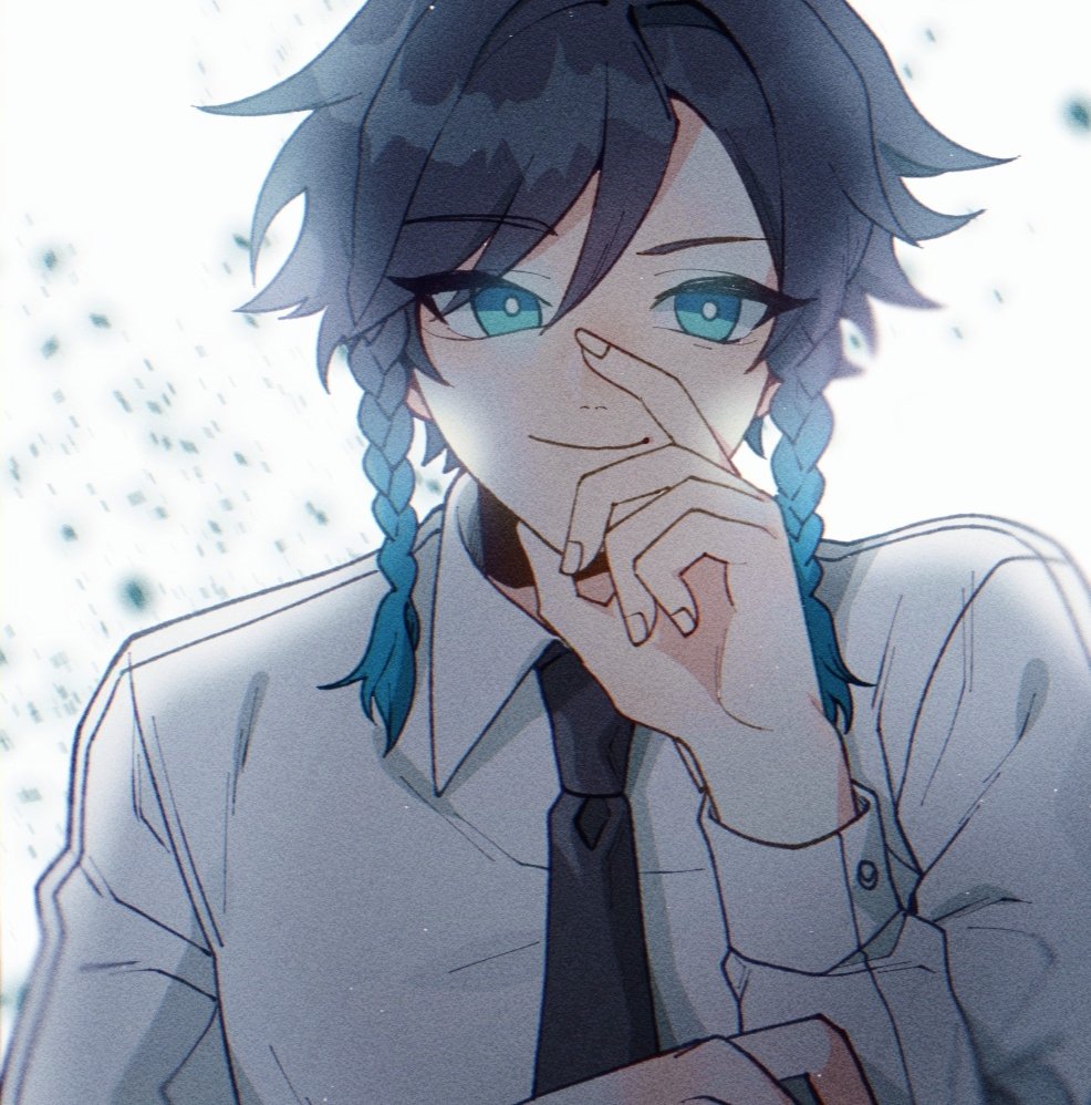 1boy 929_ug androgynous bangs black_hair black_neckwear blue_eyes blue_hair braid closed_mouth collared_shirt commentary_request eyebrows_visible_through_hair genshin_impact gradient_hair korean_commentary long_sleeves looking_at_viewer male_focus multicolored_hair necktie shirt short_hair_with_long_locks simple_background smile solo twin_braids venti_(genshin_impact) white_background white_shirt