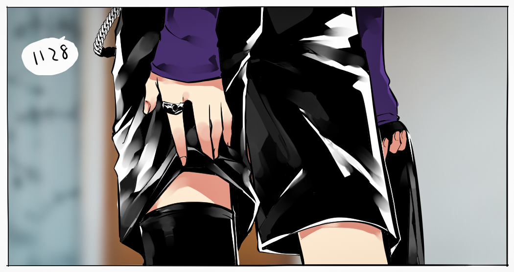 1boy black_legwear black_shorts blurry blurry_background border depth_of_field fingernails grey_border head_out_of_frame holding jewelry kamiyoshi_rika long_sleeves male_focus nijisanji purple_shirt ring shirt shorts sleeves_past_wrists solo speech_bubble spoken_number suzuki_masaru virtual_youtuber