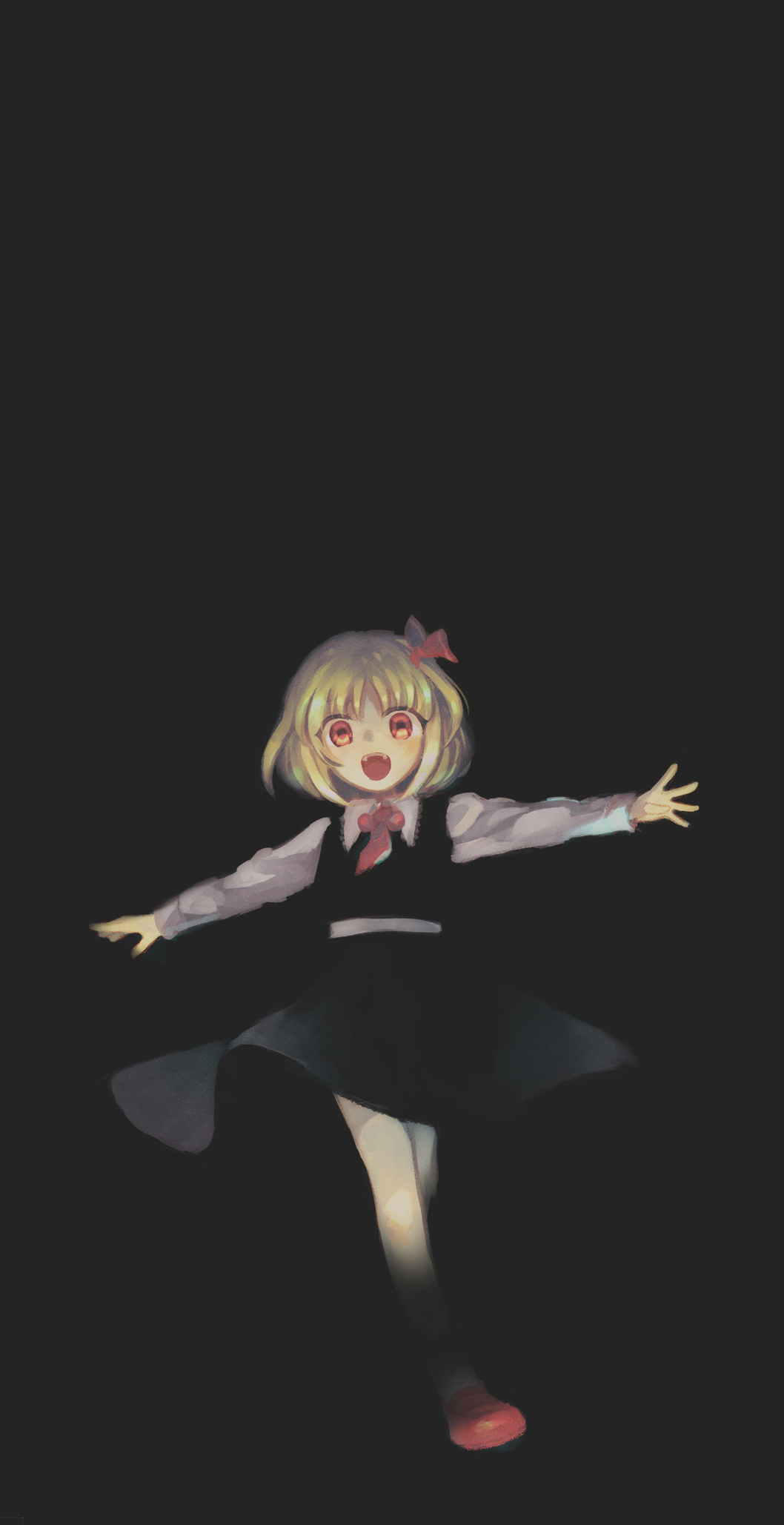 1girl abe0_toki bangs black_background black_skirt black_vest blonde_hair commentary_request darkness full_body hair_ribbon highres long_sleeves looking_at_viewer medium_hair open_mouth outstretched_arms red_eyes red_footwear red_ribbon ribbon rumia shirt shoes simple_background skirt solo spread_arms touhou vest white_shirt