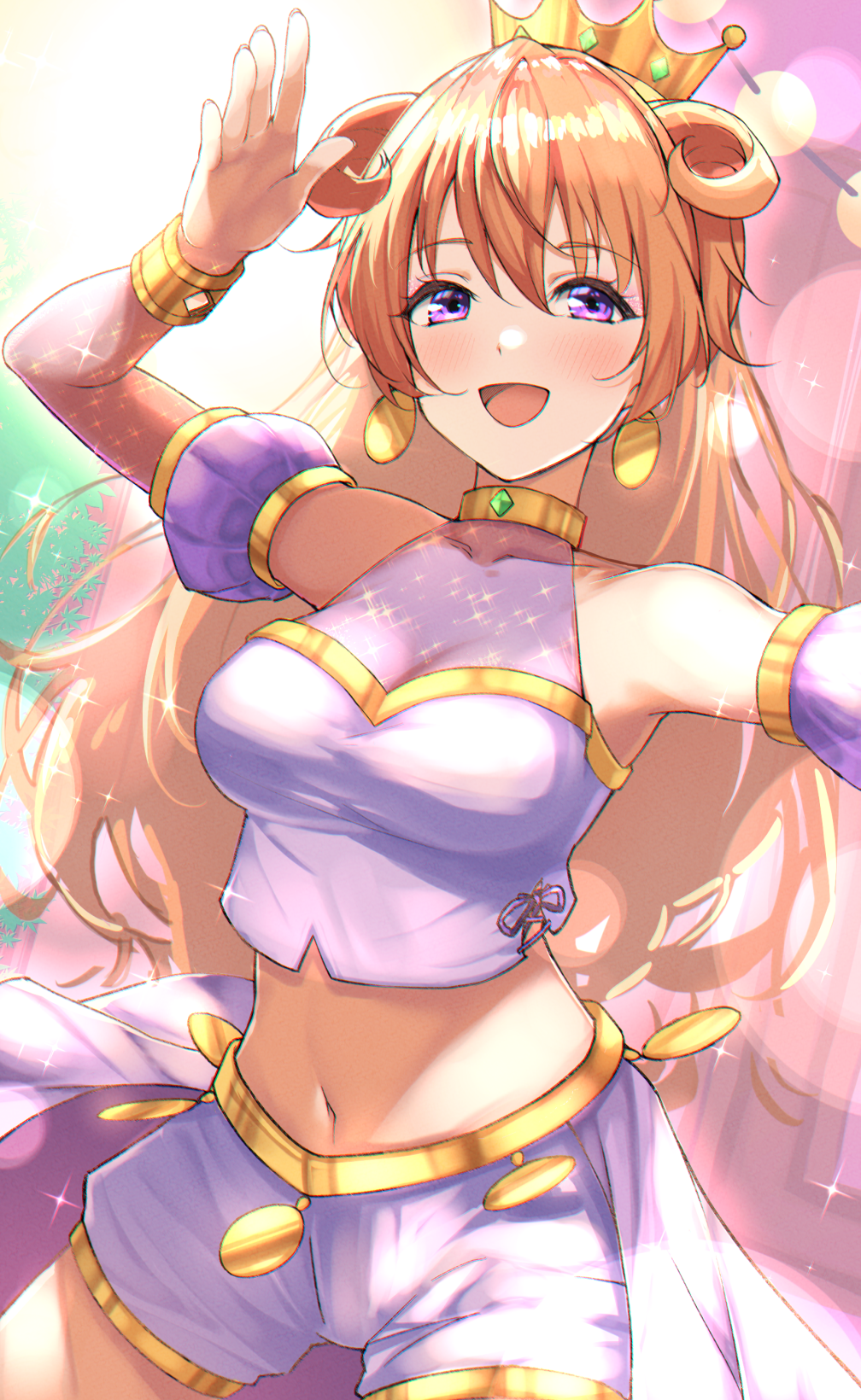 1girl arm_up blush bracelet breasts butterfly_(love_live!) cowboy_shot crown detached_sleeves earrings highres jewelry konoe_kanata lens_flare long_hair looking_at_viewer love_live! love_live!_nijigasaki_high_school_idol_club medium_breasts midriff navel open_mouth orange_hair otsumami_(otsu-mugi) outstretched_arm puffy_short_sleeves puffy_sleeves purple_shorts short_sleeves shorts smile solo violet_eyes