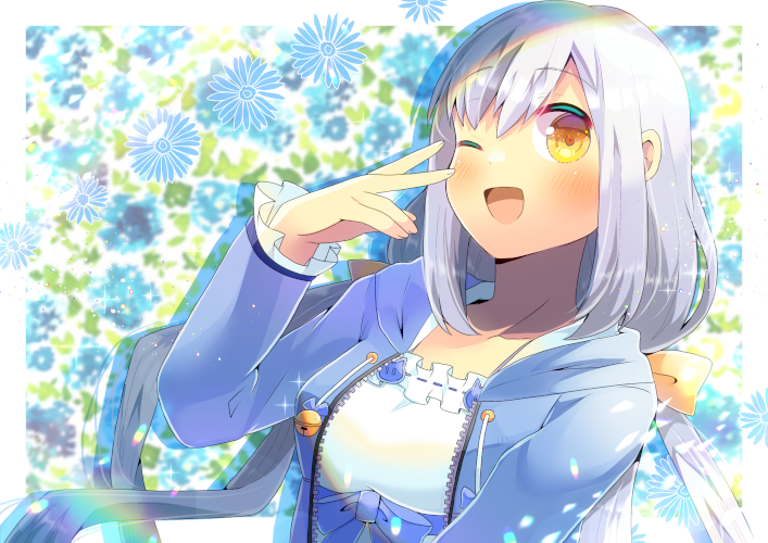 1girl ;d bangs bell blue_bow blue_jacket blush bow brown_eyes collarbone drawstring eyebrows_visible_through_hair floral_background grey_hair hand_up hood hood_down hooded_jacket jacket jingle_bell kouu_hiyoyo long_hair long_sleeves low_twintails one_eye_closed open_clothes open_jacket open_mouth original shirt smile solo twintails white_shirt