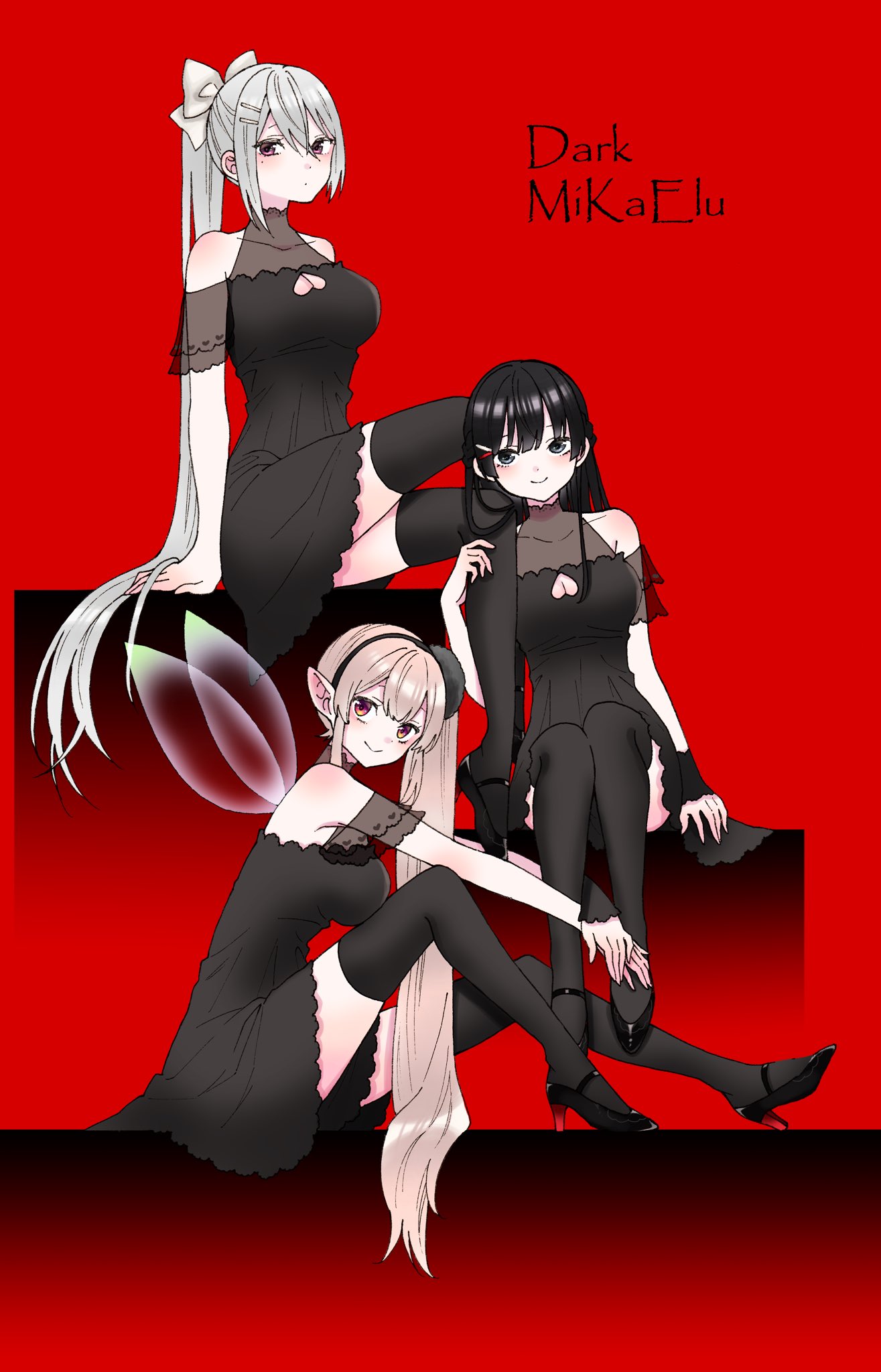 3girls alternate_costume bare_shoulders black_dress black_eyes black_footwear black_hair black_legwear blush bow breasts brown_hair cleavage_cutout clothing_cutout dress elu_(nijisanji) fairy_wings grey_hair hair_bow hair_ornament hairclip heart_cutout high_heels highres higuchi_kaede kawai_rou large_breasts long_hair looking_at_viewer multiple_girls nijisanji ponytail red_background side_ponytail simple_background sitting smile thigh-highs tsukino_mito very_long_hair white_bow wings