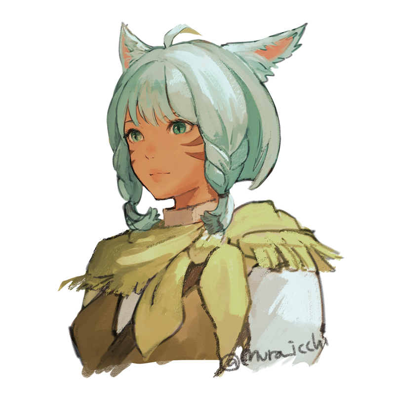 1girl ahoge animal_ears aqua_eyes aqua_hair bangs braid cat_ears closed_mouth cropped_torso dark-skinned_female dark_skin facial_mark final_fantasy final_fantasy_xiv miqo'te muraicchi_(momocchi) short_hair slit_pupils solo twin_braids upper_body whisker_markings white_background