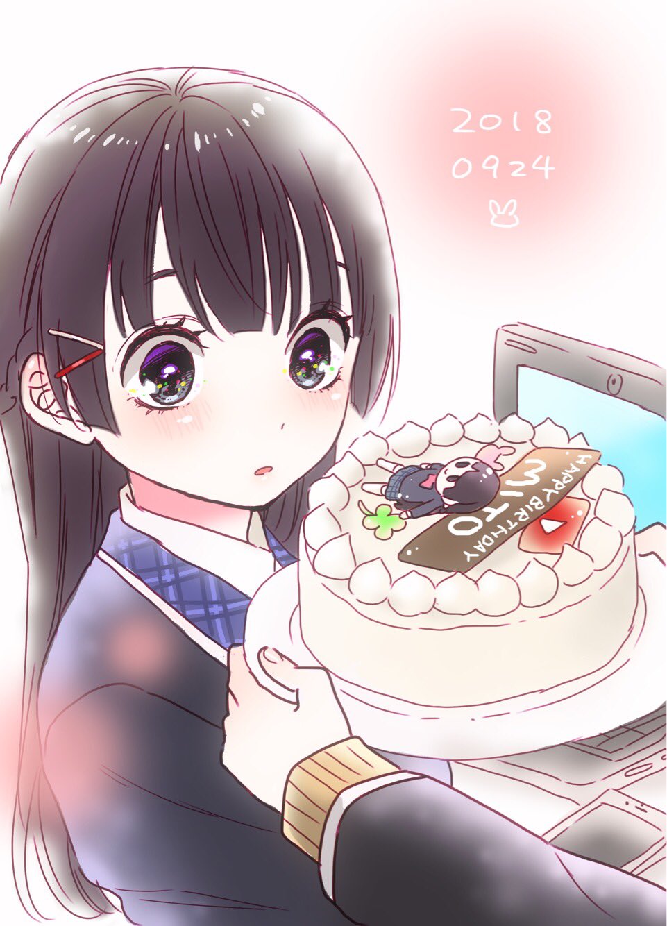 1girl 1other birthday birthday_cake black_jacket blush brown_hair cake cellphone character_request computer dated food gift giving grey_eyes hair_ornament hairclip highres holding jacket kawai_rou laptop long_hair long_sleeves nijisanji parted_lips phone smartphone solo_focus tsukino_mito upper_body wide-eyed