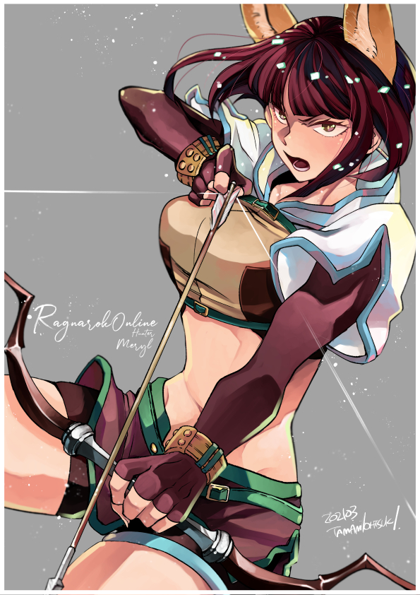 1girl animal_ears arrow_(projectile) bangs blunt_bangs border bow_(weapon) breasts brown_eyes brown_gloves brown_hair brown_shirt brown_shorts brown_skirt cat_ears character_name commentary_request copyright_name cowboy_shot crop_top dated drawing_bow elbow_gloves fingerless_gloves gloves grey_background holding holding_bow_(weapon) holding_weapon hunter_(ragnarok_online) jacket large_breasts looking_at_viewer midriff miniskirt navel open_mouth otsuki_(tm3n) ragnarok_online shirt short_hair short_shorts short_sleeves shorts shorts_under_skirt signature simple_background skirt solo weapon white_border white_jacket wristband