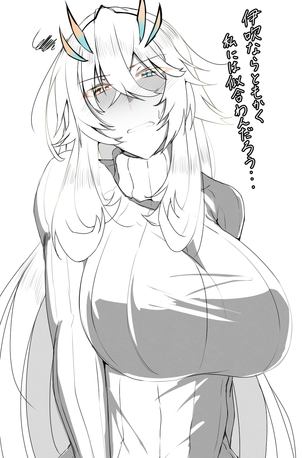 1girl bangs blue_eyes blush breasts crossed_bangs fate/grand_order fate_(series) gawain_(fairy_knight)_(fate) greyscale hair_between_eyes heterochromia highres horns huge_breasts long_hair long_sleeves looking_at_viewer monochrome open_mouth orange_eyes ribbed_sweater solo spot_color sweater tgxx3300 translation_request turtleneck turtleneck_sweater