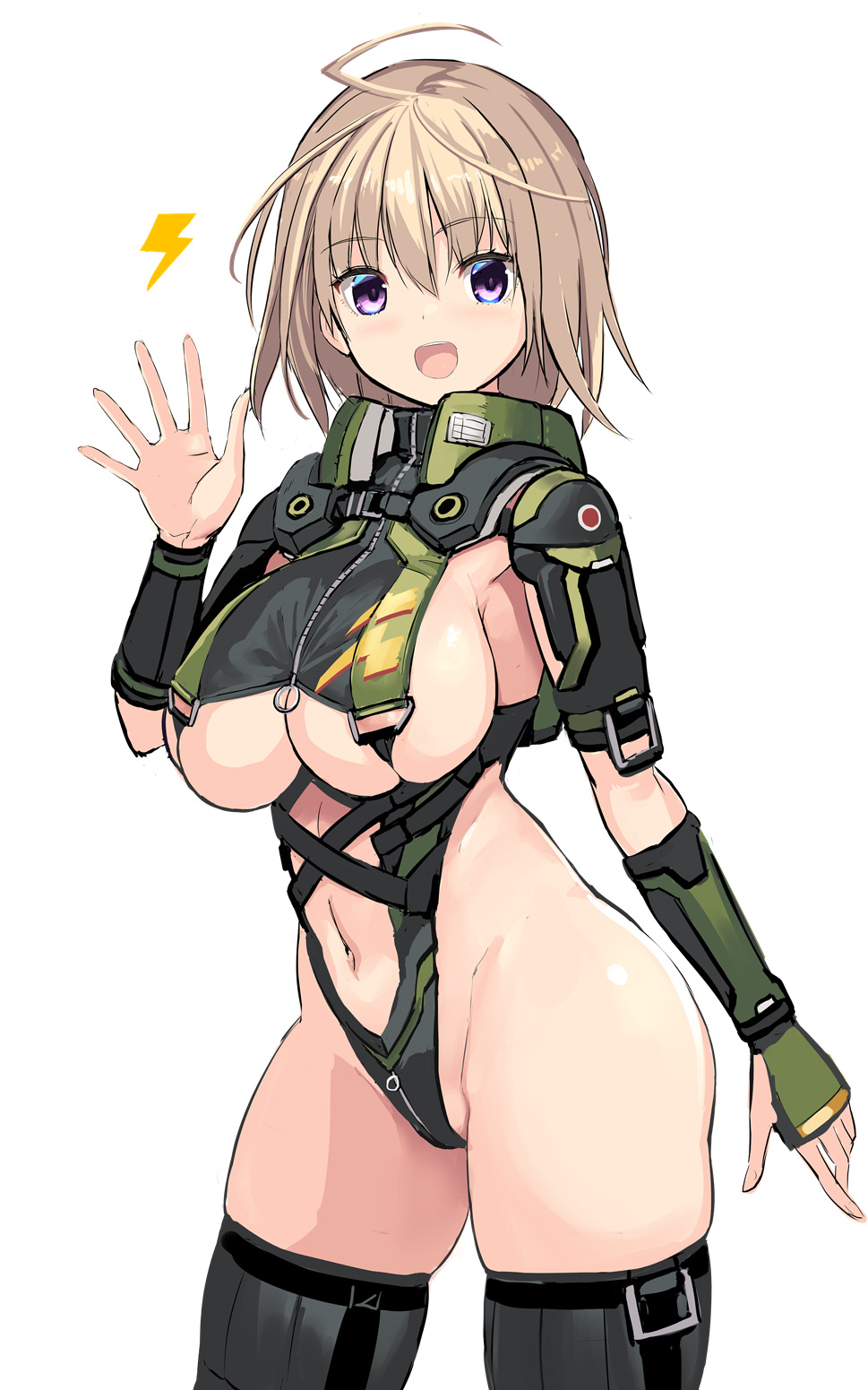 1girl ahoge bangs black_legwear blonde_hair blush breasts gloves green_gloves hand_up highres iinuma_toshinori large_breasts lightning_bolt_symbol looking_at_viewer navel open_mouth original revealing_clothes short_hair simple_background single_glove skindentation smile solo thigh-highs under_boob violet_eyes white_background