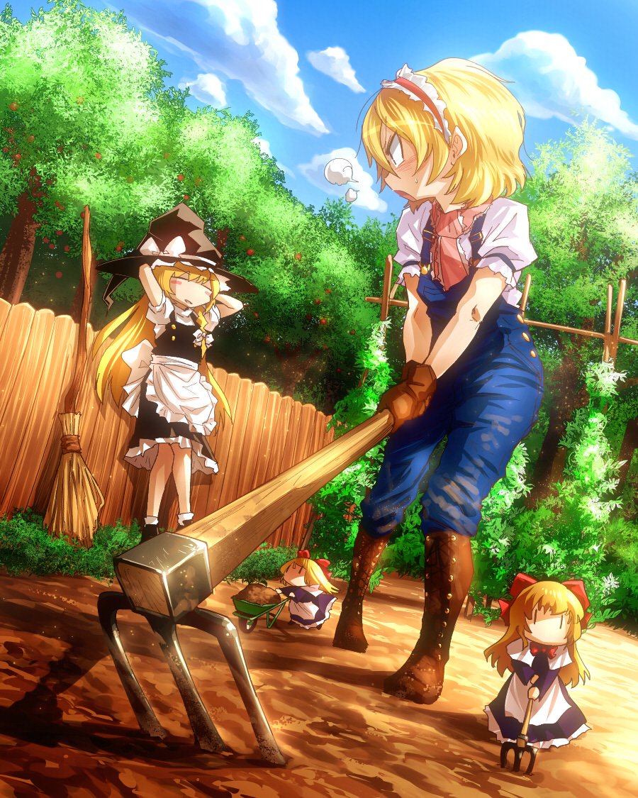 2girls alice_margatroid black_shirt black_skirt blonde_hair blue_overalls boots broom bush clear_sky doll farming fence forest gloves hairband hat kirisame_marisa long_hair multiple_girls nature overalls scarf shanghai_doll shimizu_pem shirt short_hair skirt sky touhou tree witch_hat wooden_fence