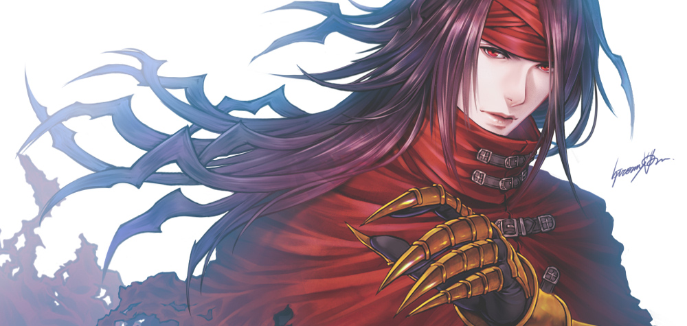 1boy black_hair buckle clawed_gauntlets cloak final_fantasy final_fantasy_vii headband hiromyan leather long_hair male_focus messy_hair pale_skin red_eyes signature solo torn_clothes turban vincent_valentine white_background